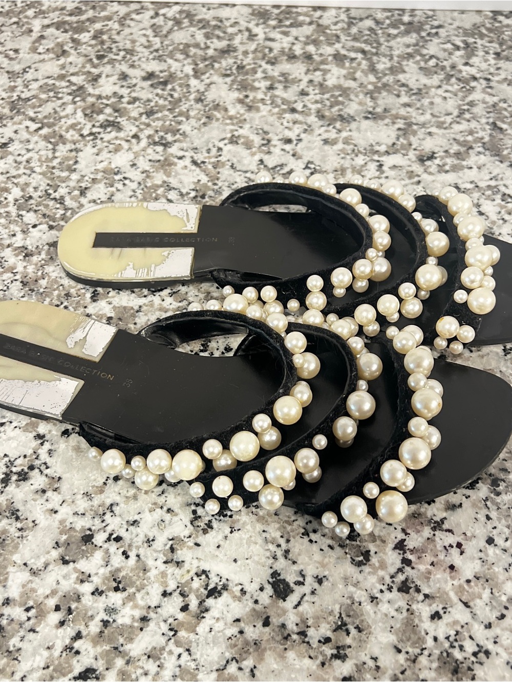Zara Pearl Embellished Slide Sandals Black Size 38